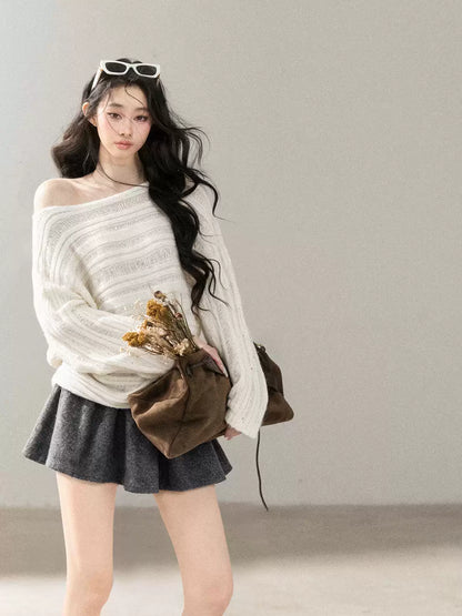 AOMALM - "Apricot Dusk" Off-Shoulder Batwing Sweater – Milky White