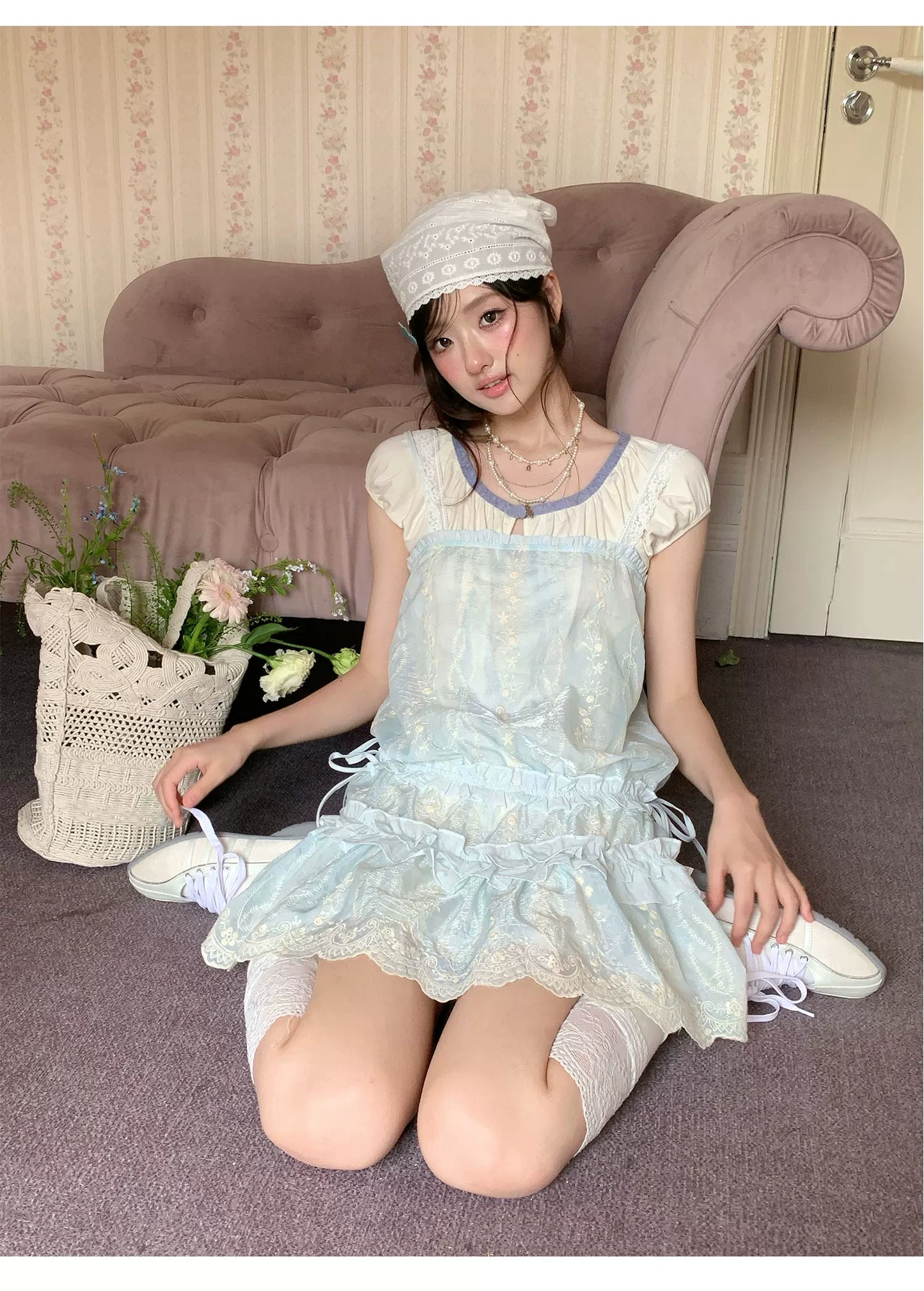 “Summer Dreamloom” Blue Lace Tiered Dress Set (Inner Top + Slip Dress)