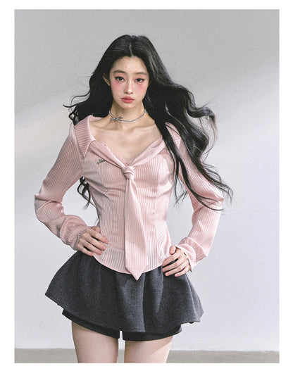 少也眼 “Pinkbud Academy” French Preppy Striped Polo Blouse