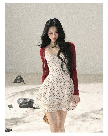 "Blooming Rose Reverie" Cloud White Floral Lace Mini Dress & Burgundy Wine Cardigan 56483