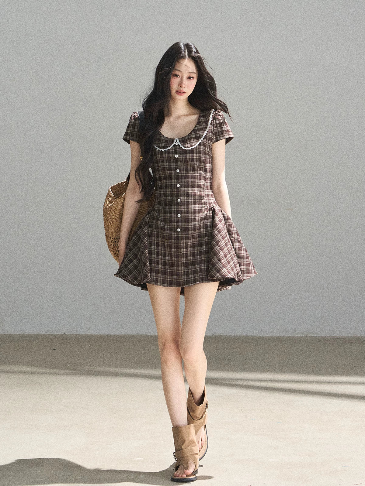 "The Camphor Tree in Late May" Chestnut Brown Plaid Peter Pan Collar Babydoll Mini Dress