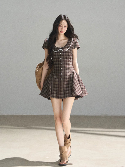"The Camphor Tree in Late May" Chestnut Brown Plaid Peter Pan Collar Babydoll Mini Dress