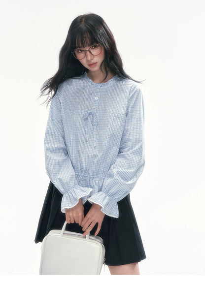 [CAN] Blue Plaid Lace-Trim Bow Tie Blouse