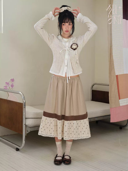 DAILY ARTIST - Tea Brown Color-Block Floral Lace-Trim A-Line Skirt