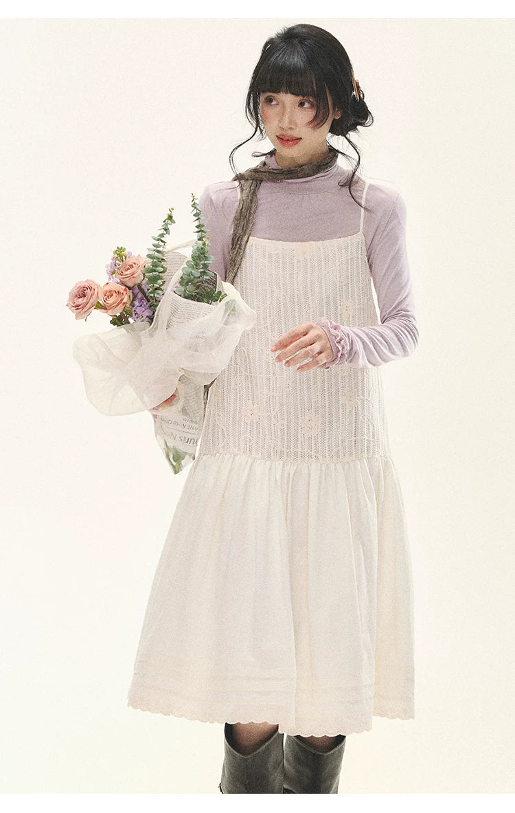 "Ivory Blossoms" Apricot Mist Beige Floral Pinafore Midi Dress