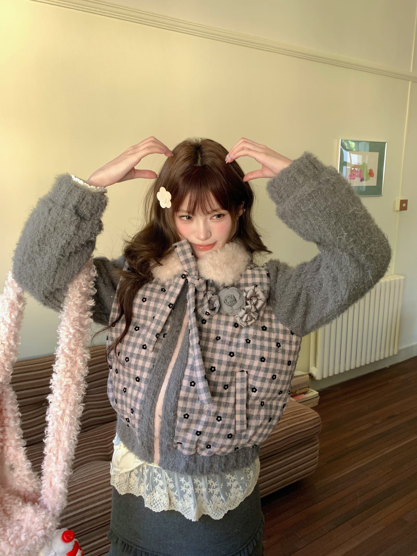 阮阮自制 - Soft Ruffle Dark Gray Tweed Skirt