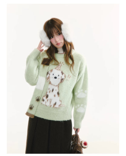 CREAMO2 - Spotted Dog Jacquard Crewneck Sweater (With Scarf)