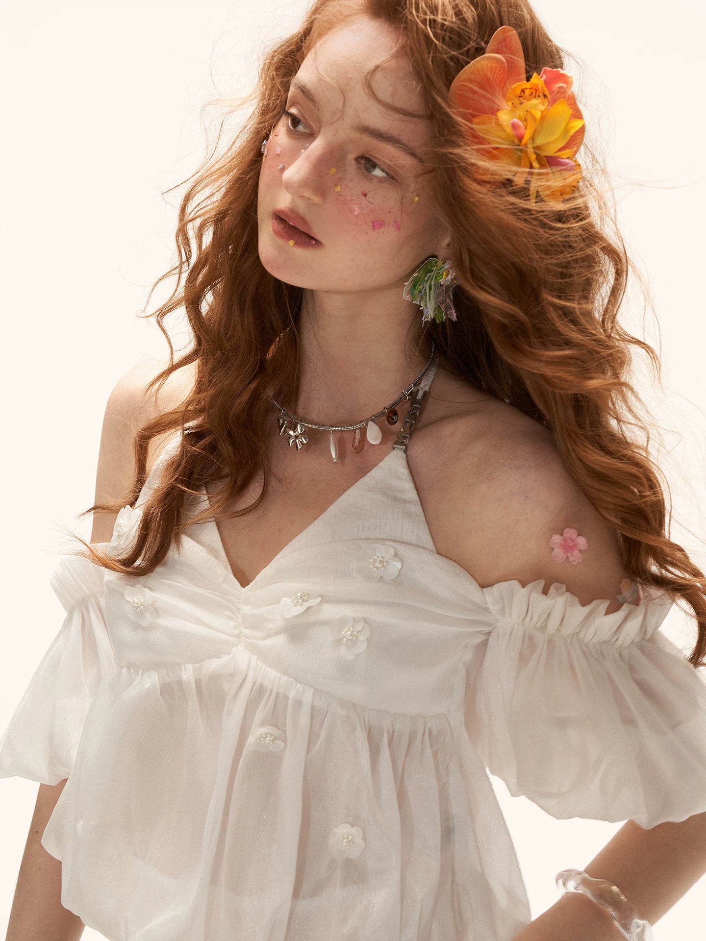 "Ethereal Blossom Veil" Puff Sleeve Layered Camisole Top – White WE925