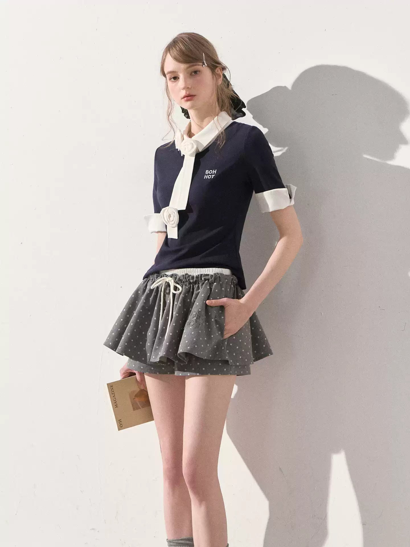 "Beyond the Classroom" Navy Layered Knit Top with Floral Tie