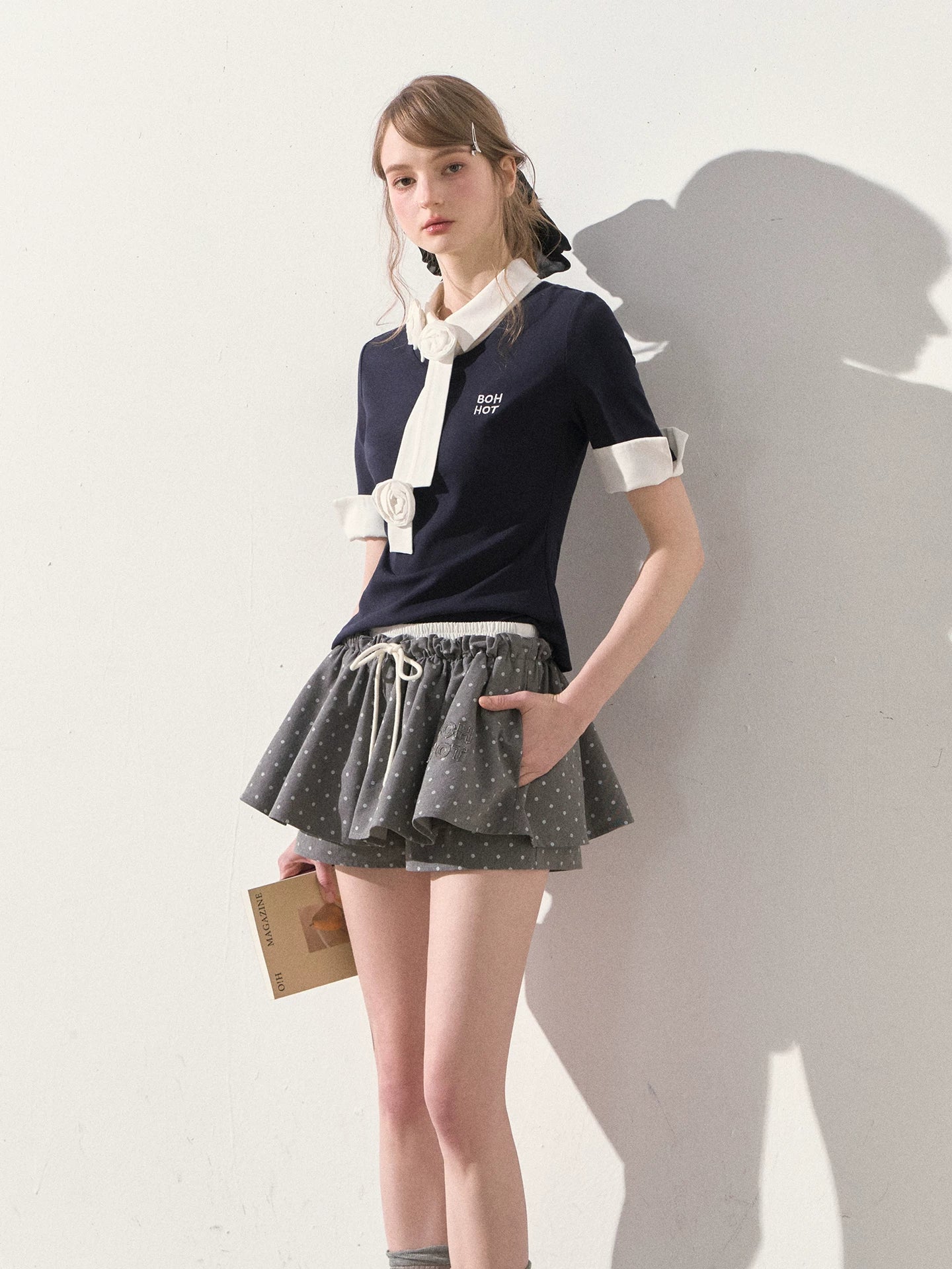 "Beyond the Classroom" Navy Layered Knit Top with Floral Tie