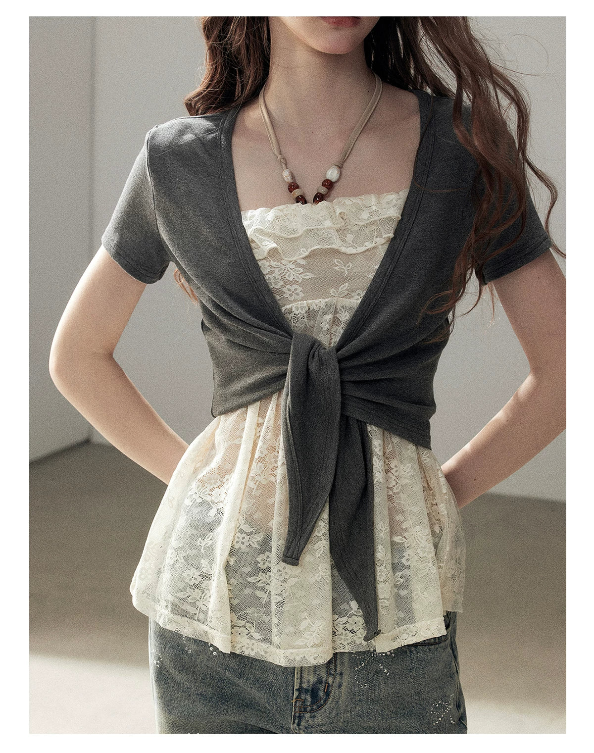 "Beyond the Morning Mist" Dutch Cream Lace Cami & Silver Mouse Gray Sheer Cardigan Set