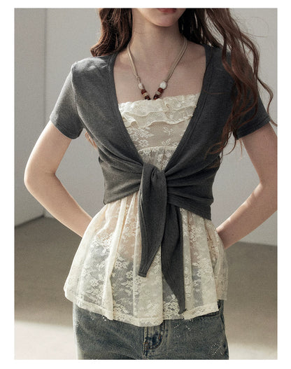 "Beyond the Morning Mist" Dutch Cream Lace Cami & Silver Mouse Gray Sheer Cardigan Set