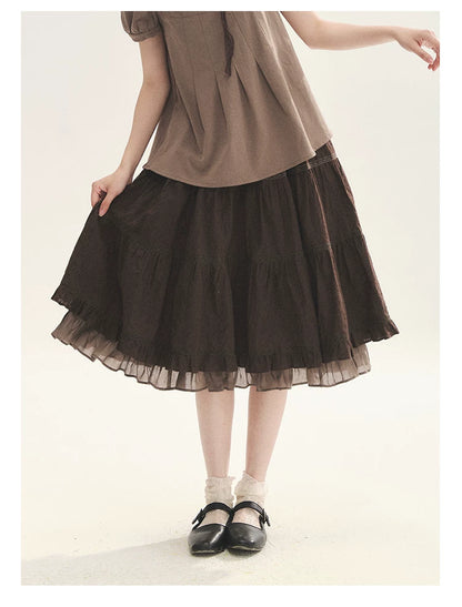 "Faded Bloom" Deep Brown Red Lace Trim Tiered A-Line Skirt