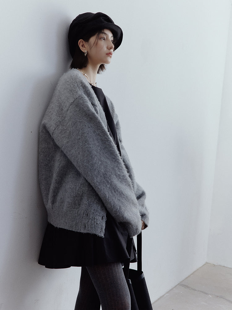 FUSSED Lazy Furry Mist Gray Wool & Mohair V-Neck Cardigan FOF-25SS177