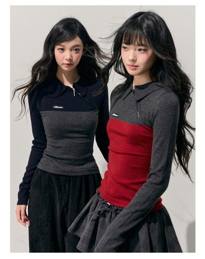 少也眼 “Undercurrents of Time” Slim-Fit Long-Sleeve Polo Knit Top