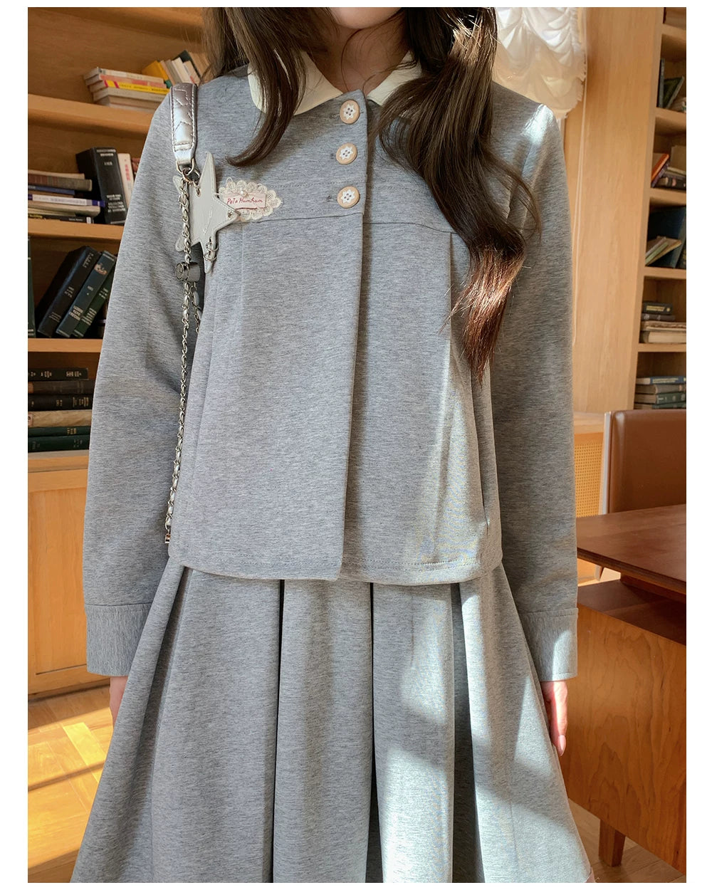 “Misty Academy Reverie” Light Grey Cropped Top & Bubble Mini Skirt