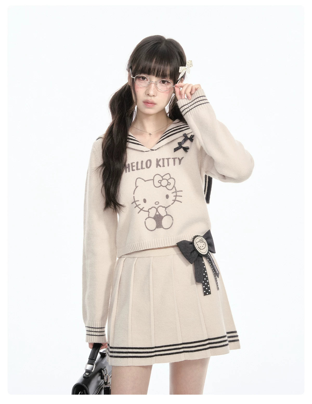 170726K "Kitty Harbor" Oat Beige Sailor Knit Set (Sailor Collar Knit Sweater + Pleated Knit Skirt)