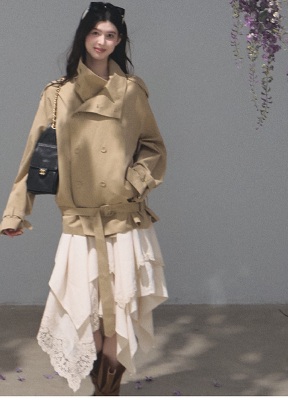 OAKMOO/ Belted Double-Breasted Trench Jacket (Deep Black / Hazel Khaki)
