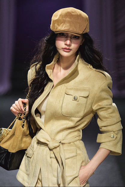 "Golden Dune" Khaki Faux Suede Jacket & Tailored Shorts Set