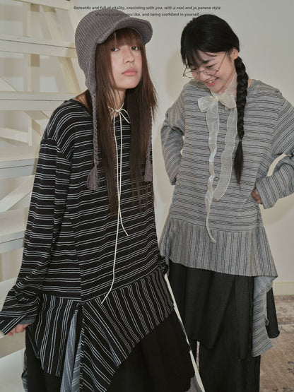 "Vintage Rhythm" Asymmetrical Knit Stripe Long Sleeve T-Shirt (Black / Gray)