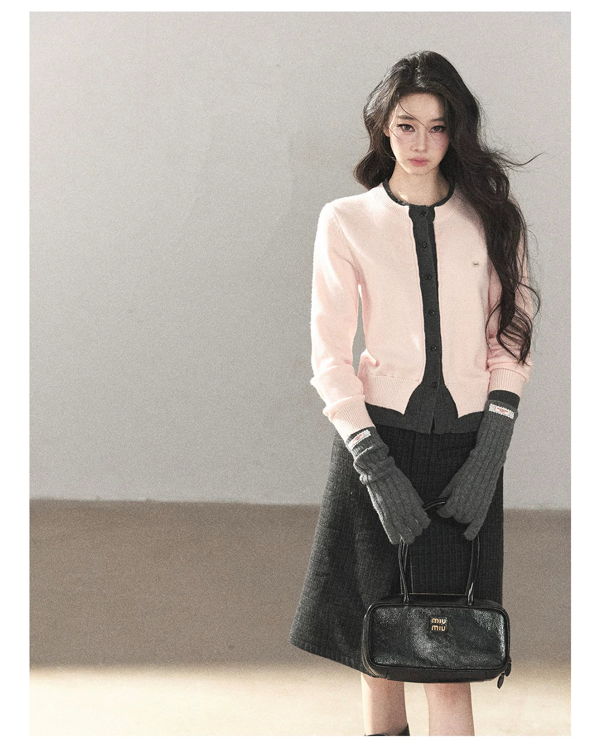 AOMALM - Cinnamon Pink Faux Layered Cropped Cardigan Sweater