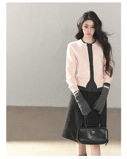 AOMALM - Cinnamon Pink Faux Layered Cropped Cardigan Sweater