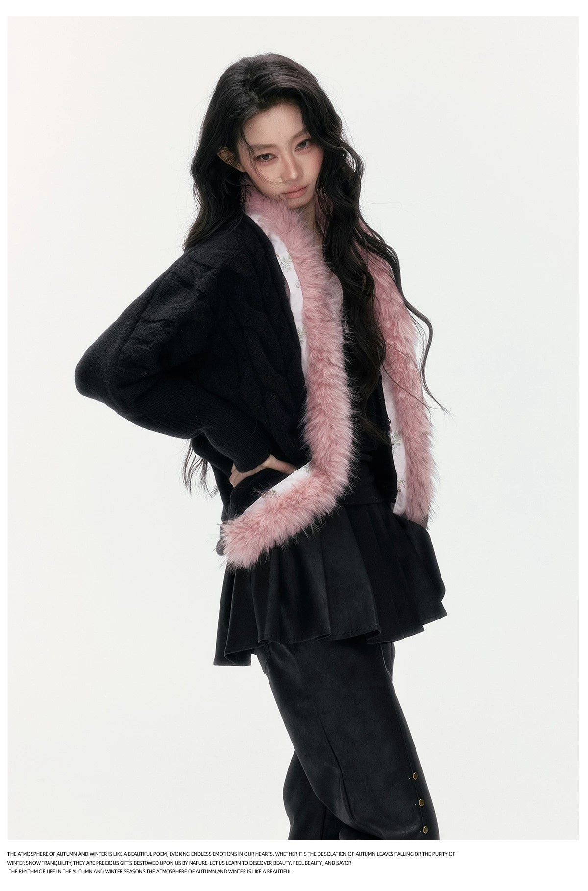 24olvides - Black Pink Cable Knit Cardigan with Detachable Faux Fur Collar