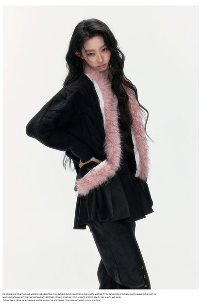 24olvides - Black Pink Cable Knit Cardigan with Detachable Faux Fur Collar