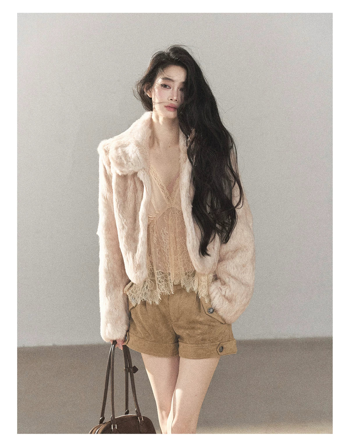 AOMALM - Blush Pink Lace-Trim Chiffon Blouse & Cami Set