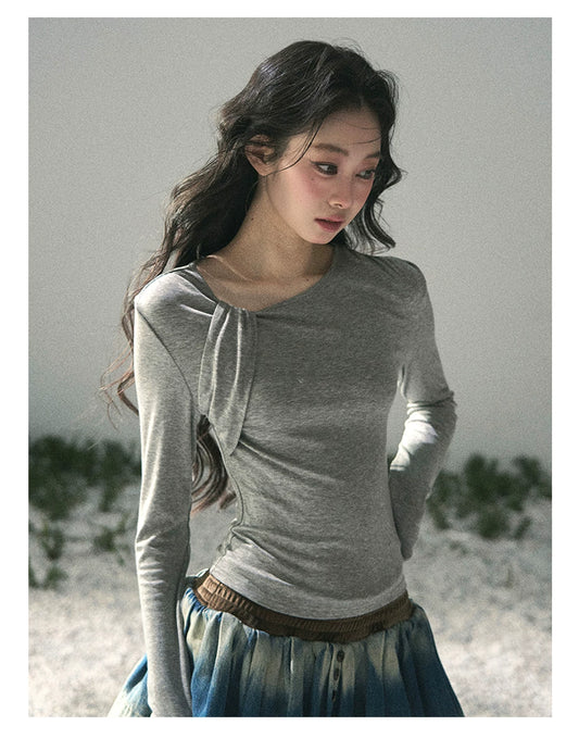 “Skin Mood” Cloud Mist Gray Ruched Asymmetrical Top