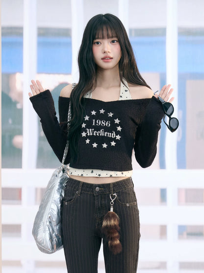 "Midnight Nova" Black Halter Layered Off-Shoulder Long Sleeve Top