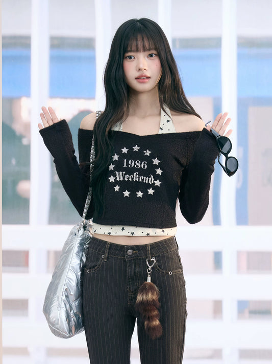 "Midnight Nova" Black Halter Layered Off-Shoulder Long Sleeve Top