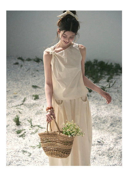 “Ivory Pleated Verse” Soft White Asymmetrical Twist Top & Skirt