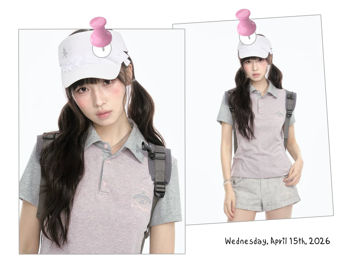 Contrast Stripe Light Gray Pink Polo Collar Short Sleeve Top / Shorts