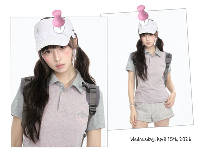 Contrast Stripe Light Gray Pink Polo Collar Short Sleeve Top / Shorts