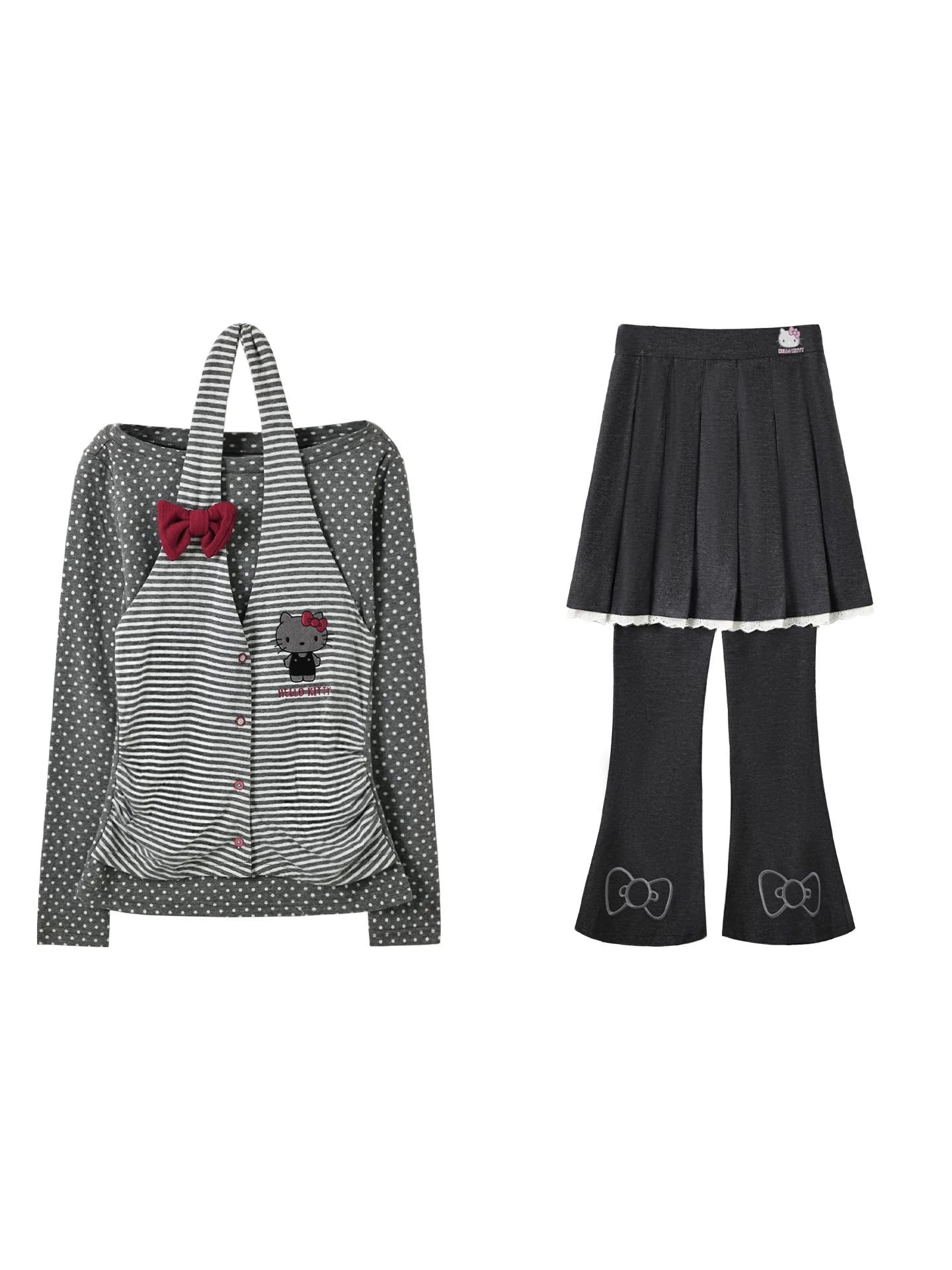 170726K "Midnight Polka" Gray Layered Long Sleeve Collection (Cold Shoulder Top / Fake Two-Piece Skirt Pants)