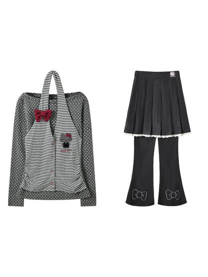 170726K "Midnight Polka" Gray Layered Long Sleeve Collection (Cold Shoulder Top / Fake Two-Piece Skirt Pants)