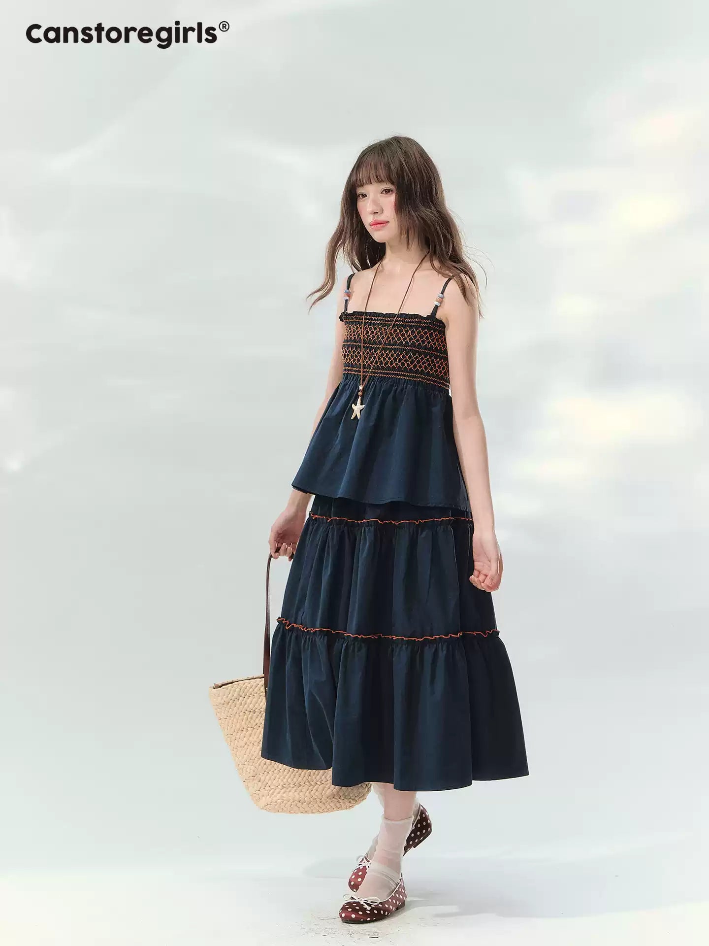 “Bohemian Travel Notes” Navy Beaded Cami & Tiered Maxi Skirt Set