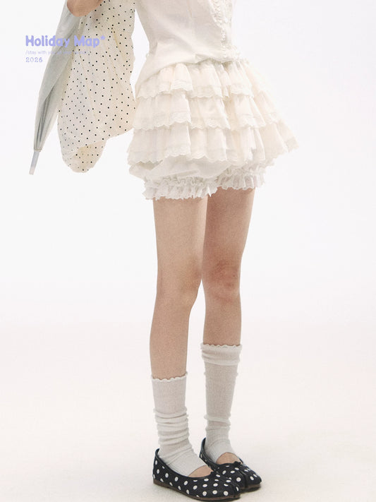 "Lace Soufflé" White Tiered Ruffle Bubble Skort