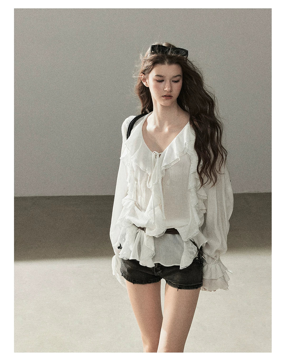 AOMALM - "A Featherlight Touch" French Camellia White Lace Chiffon Top with Belt (Camellia / Oatmeal / Cinnamon Pink)