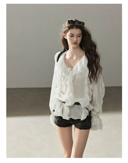 AOMALM - "A Featherlight Touch" French Camellia White Lace Chiffon Top with Belt (Camellia / Oatmeal / Cinnamon Pink)
