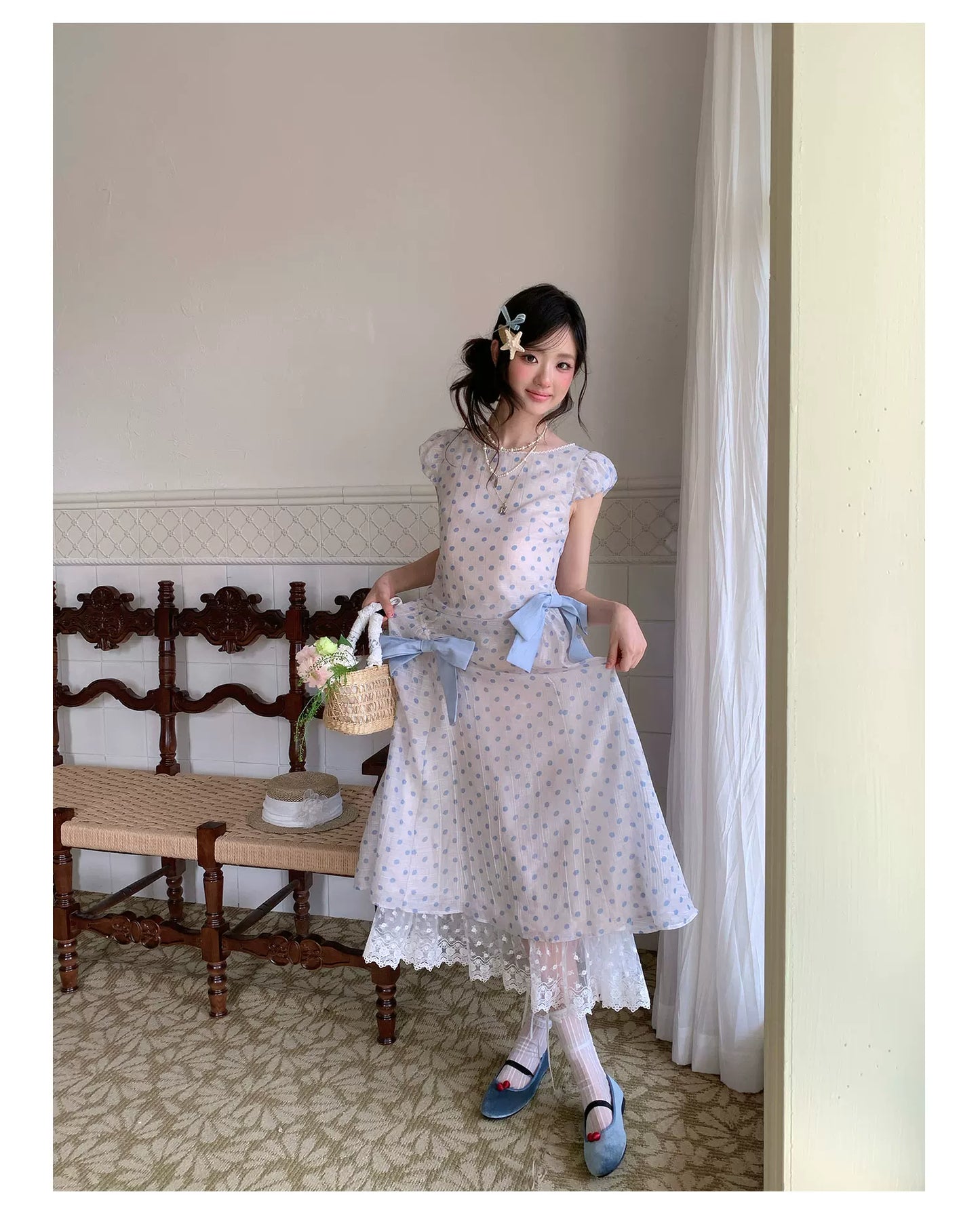 “Blue Mist Polka Reverie” Mist Blue Bow Lace Dress
