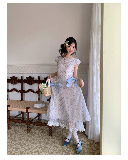 “Blue Mist Polka Reverie” Mist Blue Bow Lace Dress