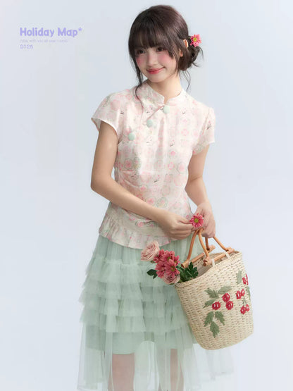 "Lime Mille-Feuille Glow" Peach Mist Chinese-Inspired Short Sleeve Top & Lime Green Tulle Tiered Skirt Set