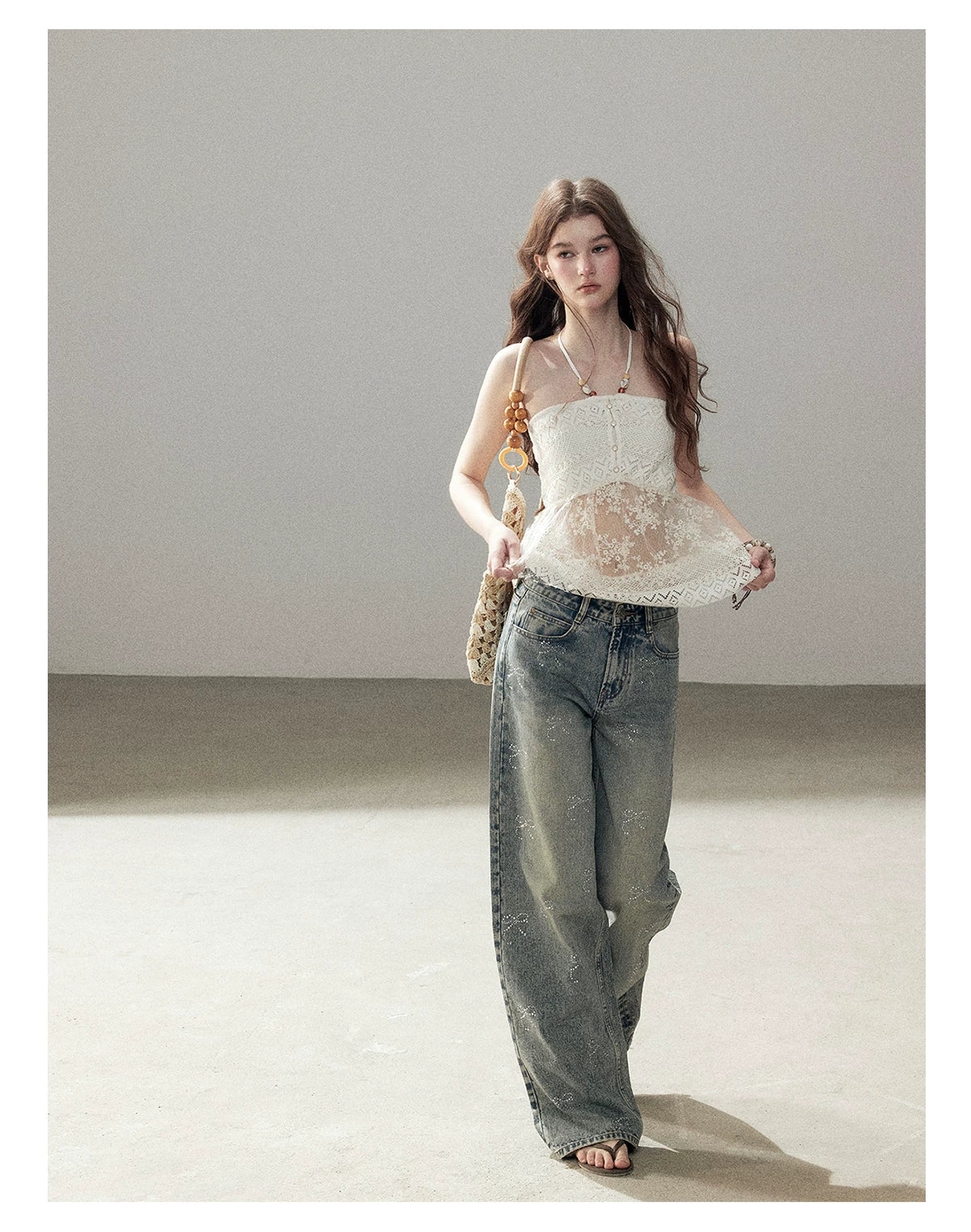 "Passing By the Sea" Vintage Blue Rhinestone Bow Wide-Leg Jeans