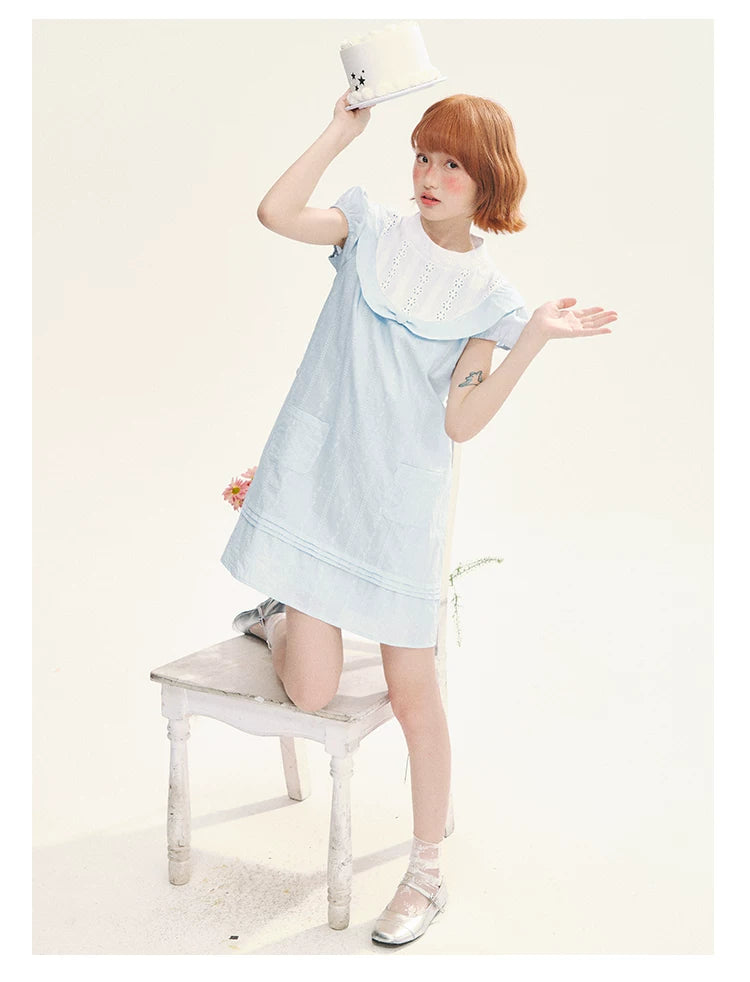 "Sea Salt Fizz" Baby Blue Cutout Embroidered Peter Pan Collar Puff Sleeve A-Line Dress