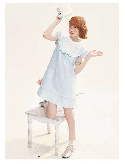 "Sea Salt Fizz" Baby Blue Cutout Embroidered Peter Pan Collar Puff Sleeve A-Line Dress