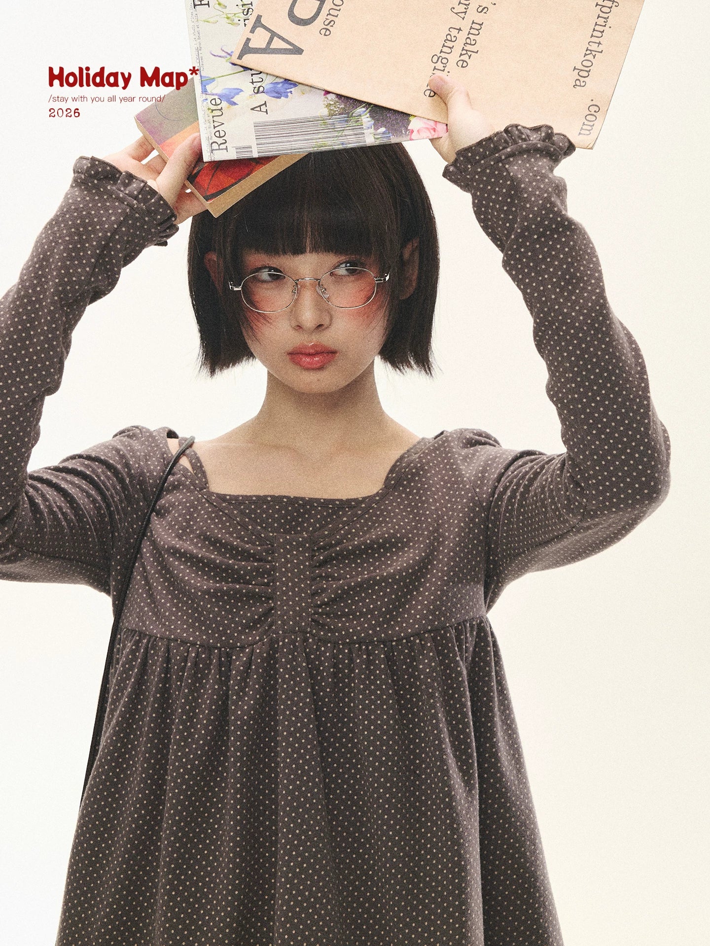 "Sweet Favorite" Polka Dot Faux-Layer Bow Knit Top (Gray Brown/ Blush Pink)