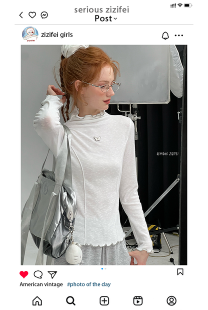 ZiziFei - White Sheer Ruffled Mock Neck Base Layer Top with Butterfly Accent