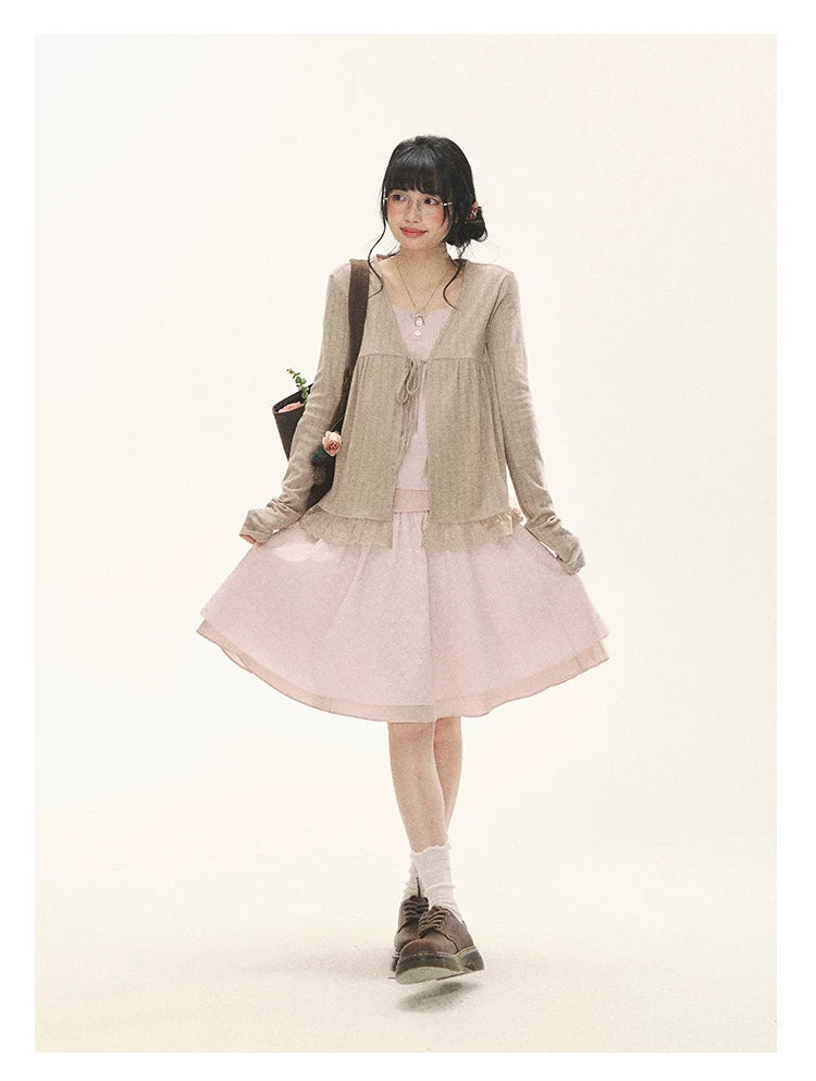 "Roasted Tea Heart" Milk Tea Faux-Layer Lace Cardigan & Skirt Set